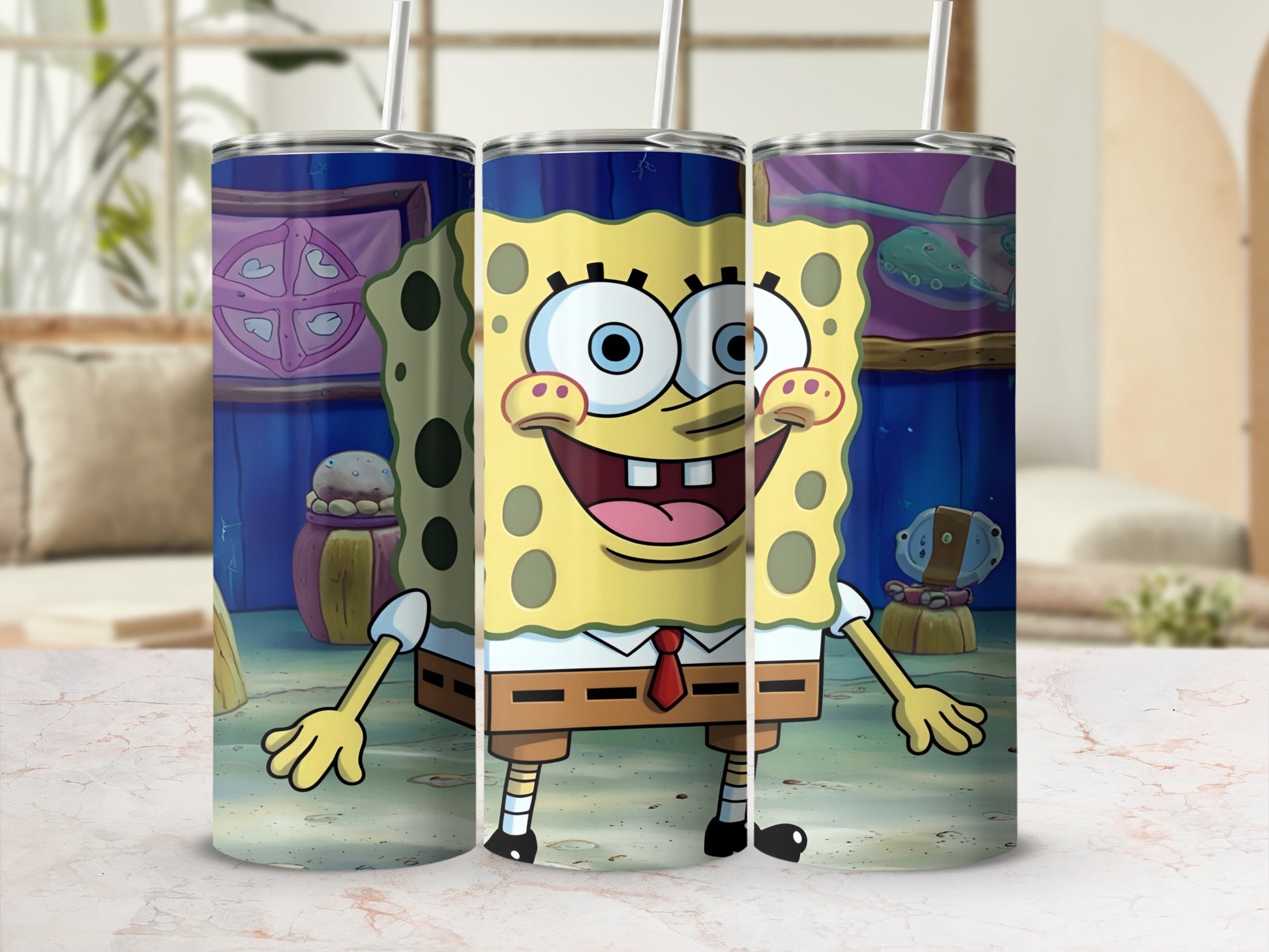 SpongeBob SquarePants character on a tumbler with cartoon background.