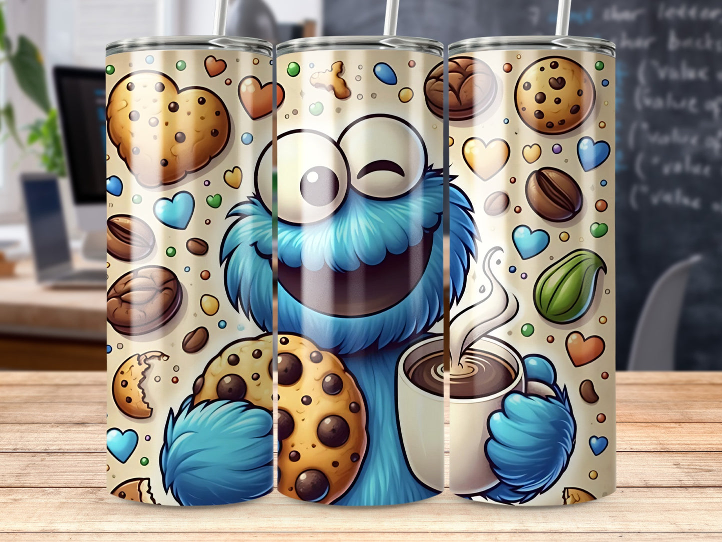 Cookie Monster Enjoying Coffee and Cookies Art Tumblers