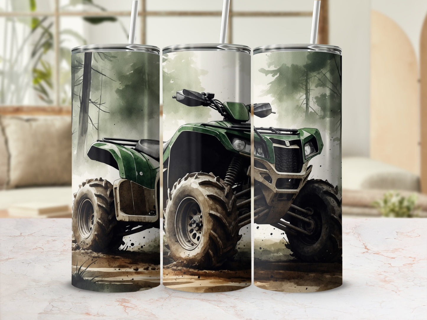 Green ATV with forest background on three tumblers.