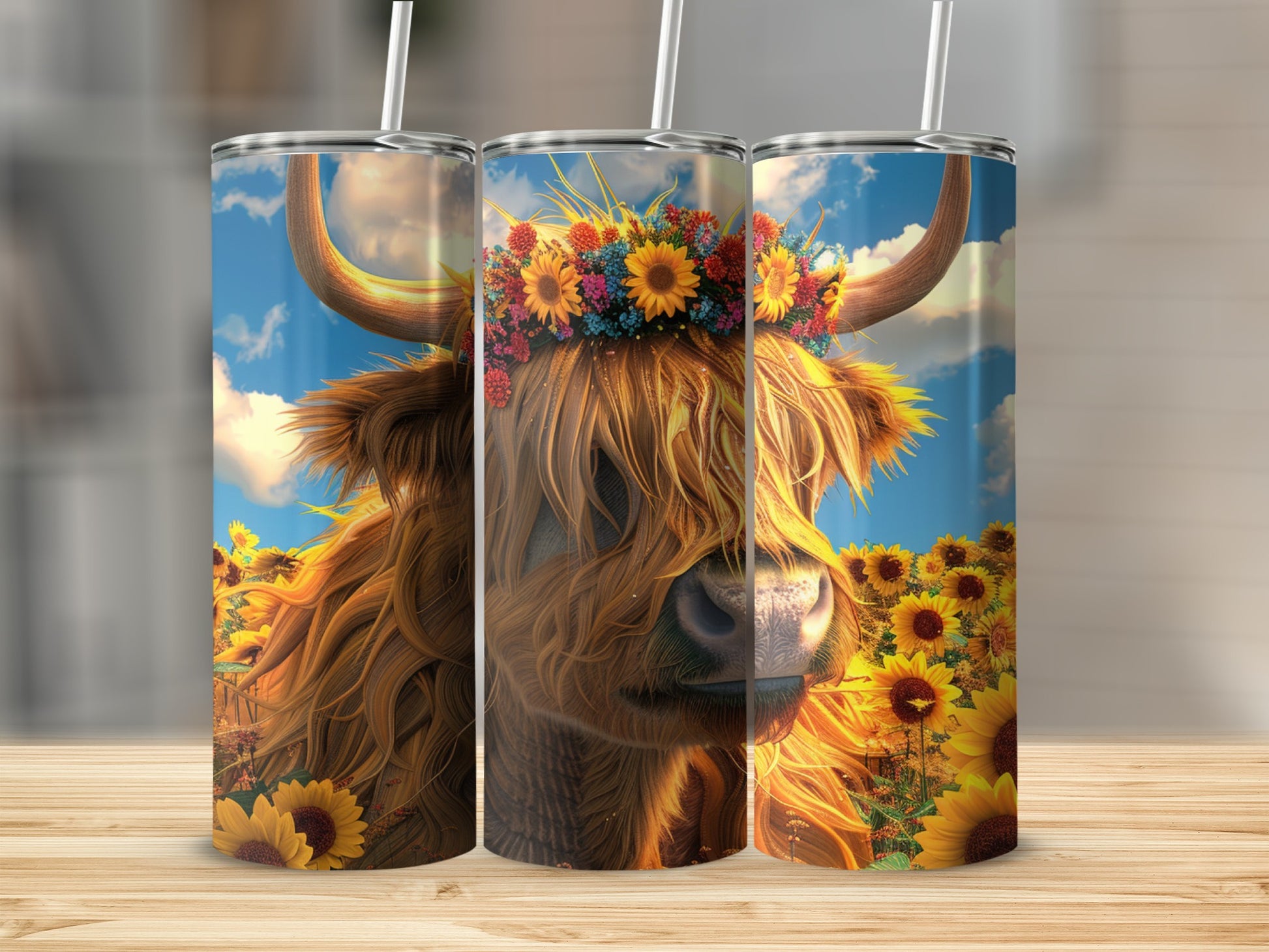 Highland cow with flower crown in a sunflower field.