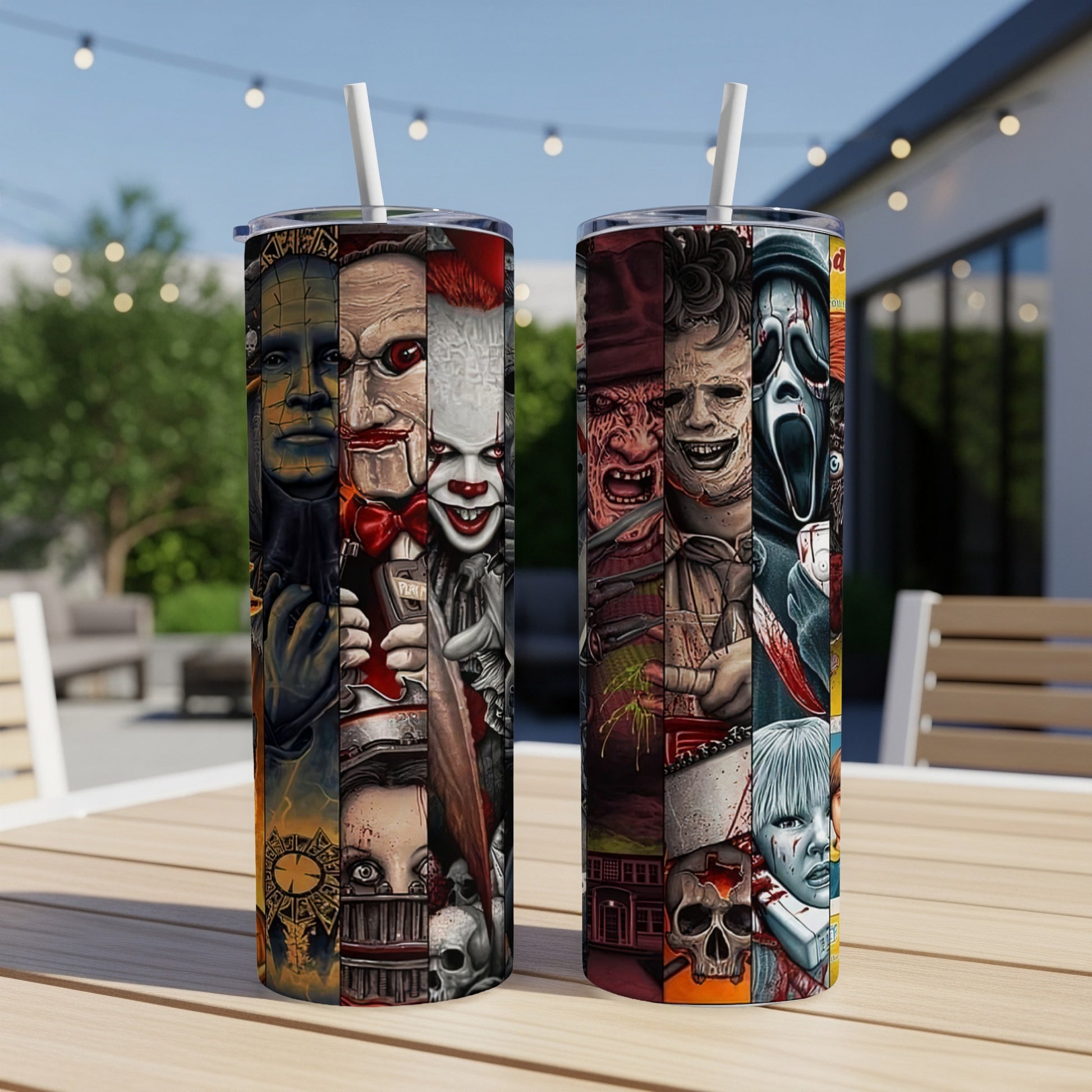 Two tumblers featuring collages of horror movie characters and symbols.