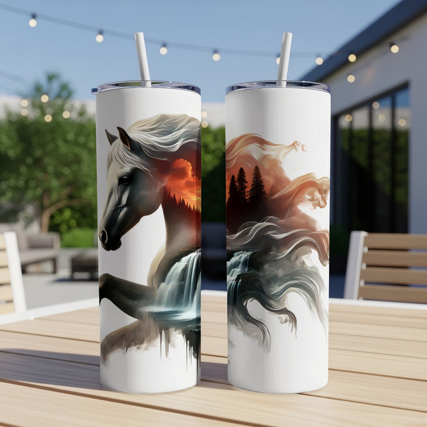 White tumbler with waterfall and horse graphic, on a wooden table.