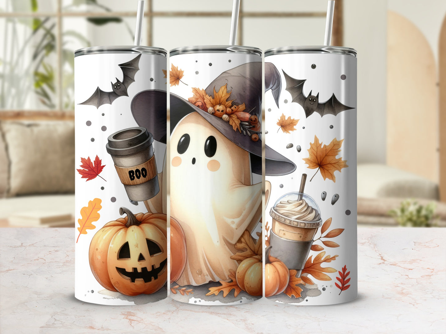 Three tumblers with a watercolor Halloween ghost, pumpkins, bats, coffee, and autumn leaves.
