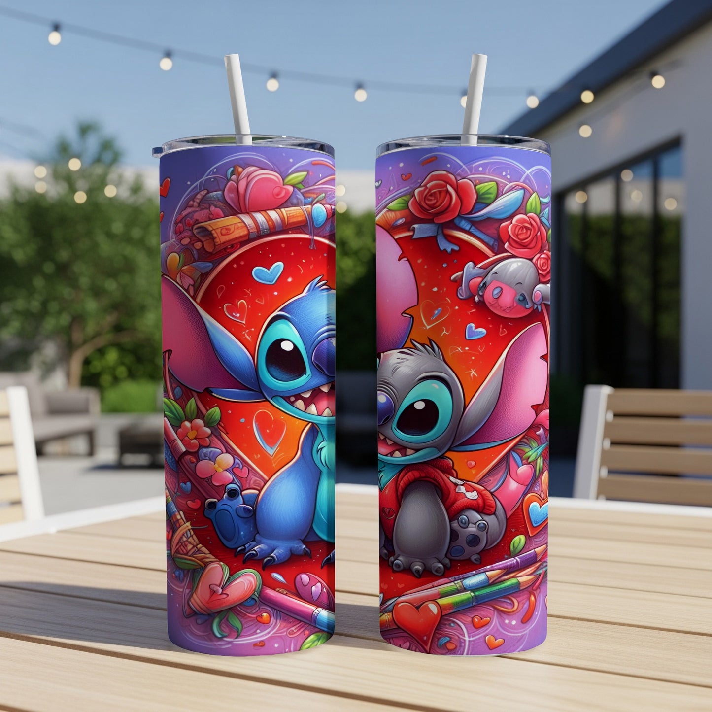 Two Stitch-themed tumblers with heart and Valentine's Day designs.