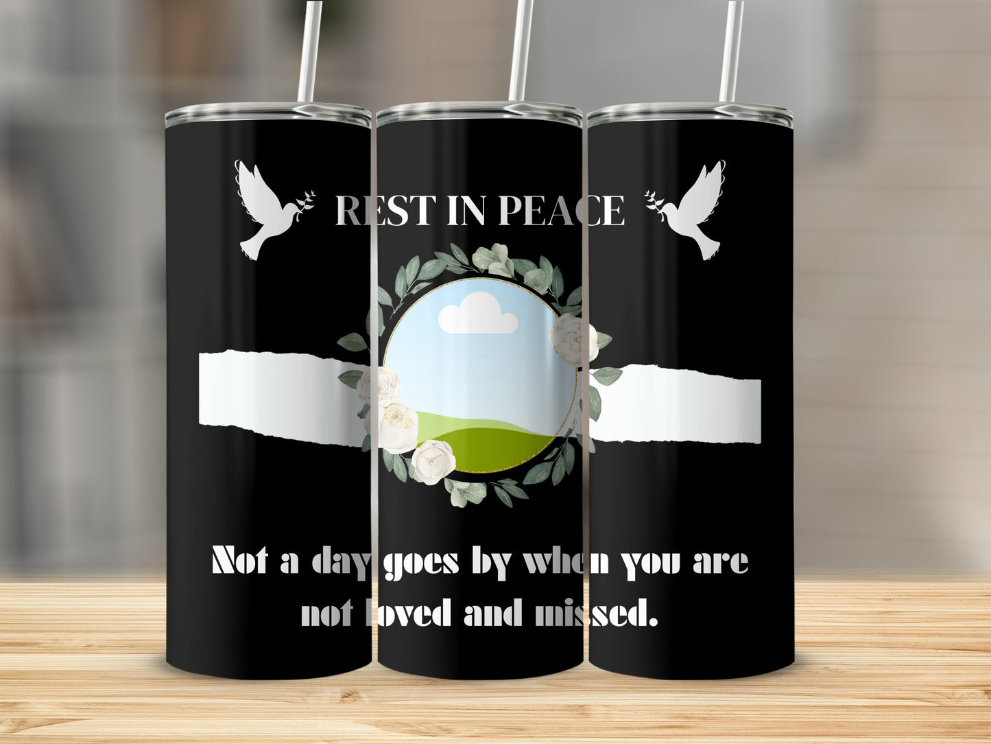Rest in Peace tumbler with doves, floral wreath, and quote.