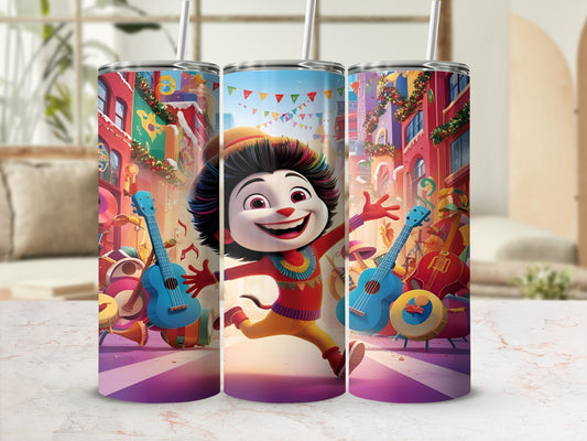 Cartoon character dancing in colorful street scene with musical instruments.