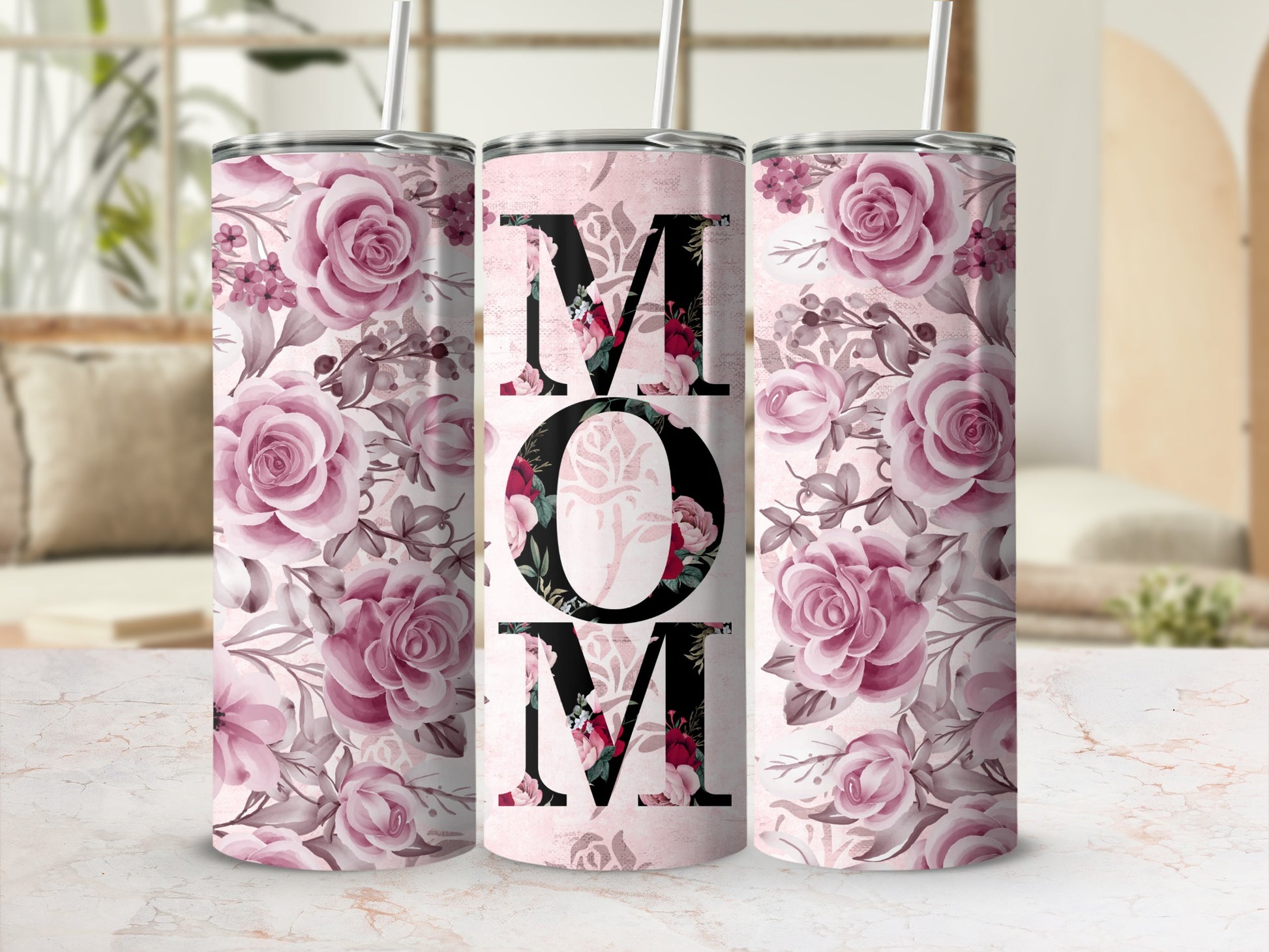 Floral Pink Roses and MOM Design Tumbler for Gifts