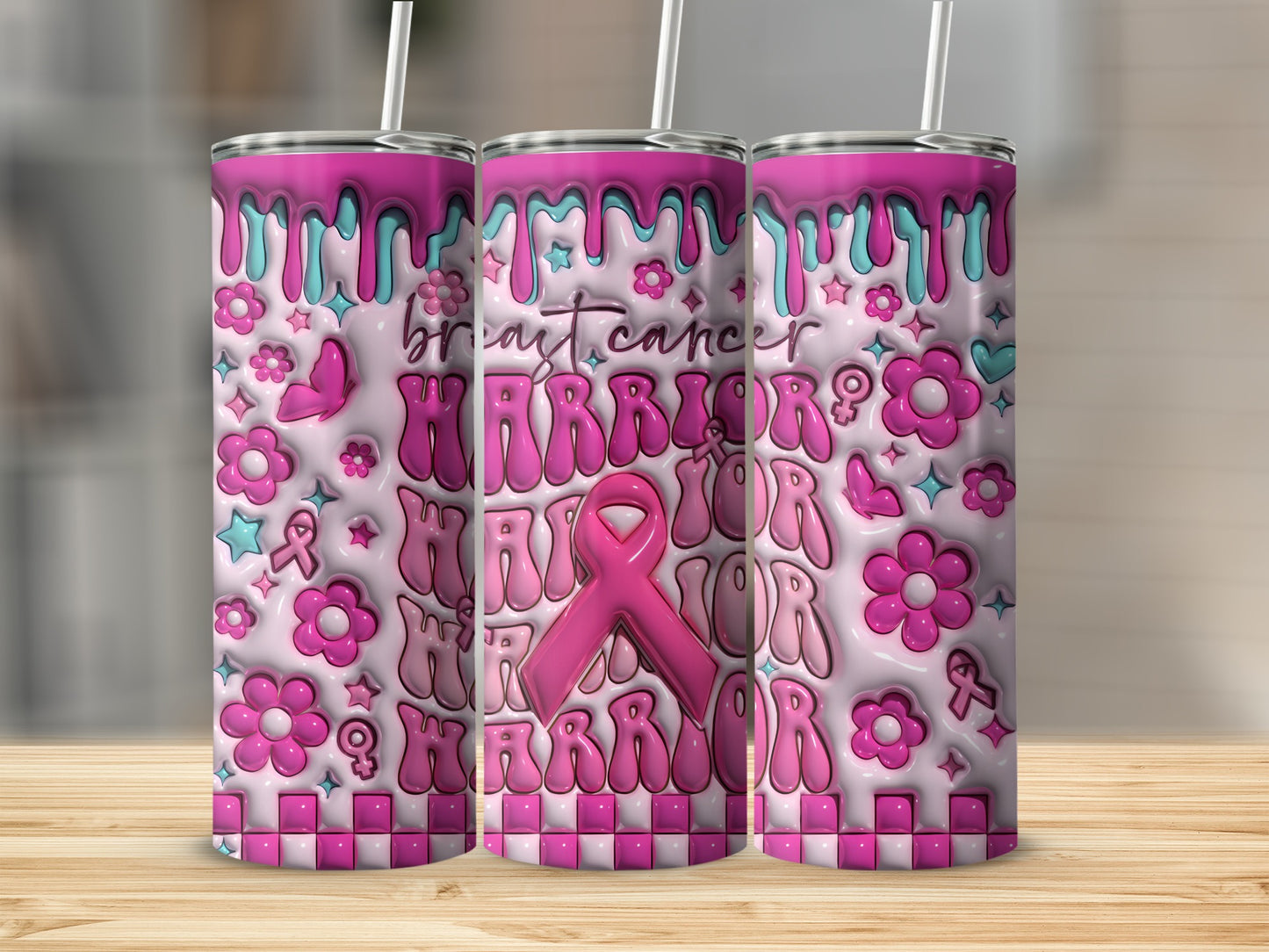 Breast cancer warrior tumbler with pink ribbon and floral details.