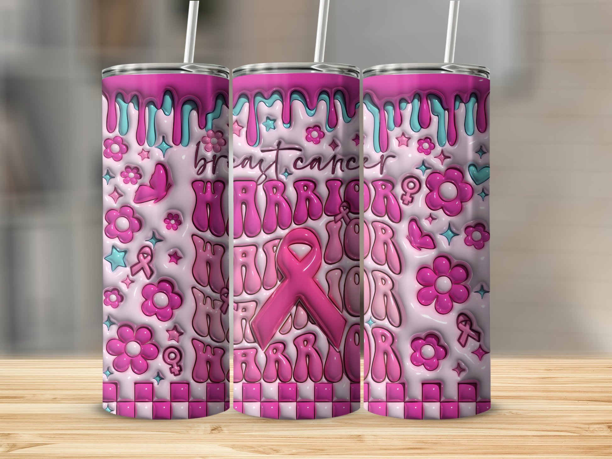 Breast cancer warrior tumbler with pink ribbon and floral details.