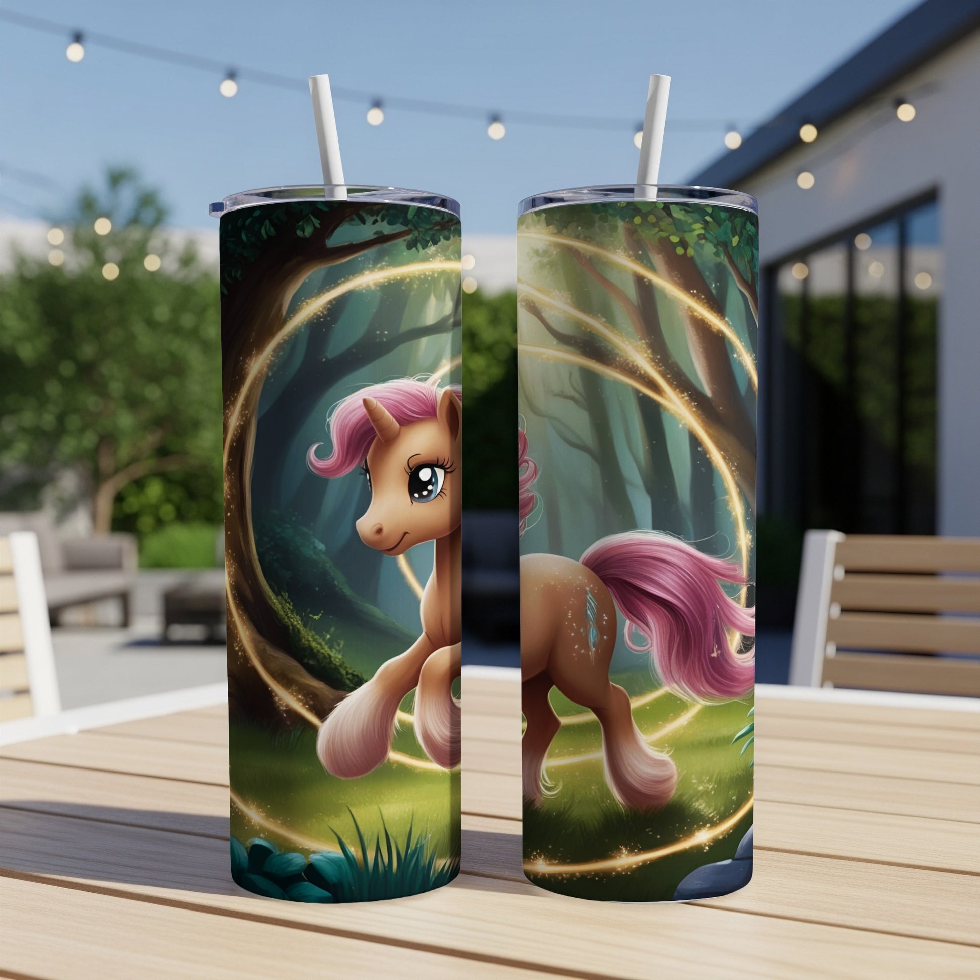 Cartoon pink unicorn with pink mane and tail in forest.