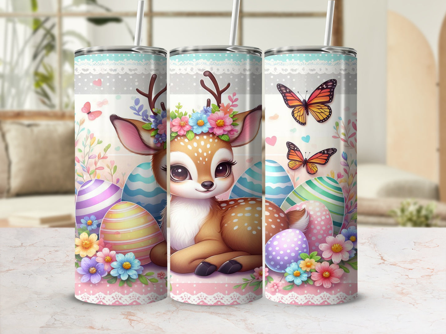 Easter tumbler with deer, colorful eggs, butterflies, and floral accents.