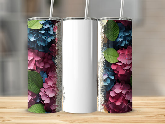 White tumbler with floral wrap and glitter detail.