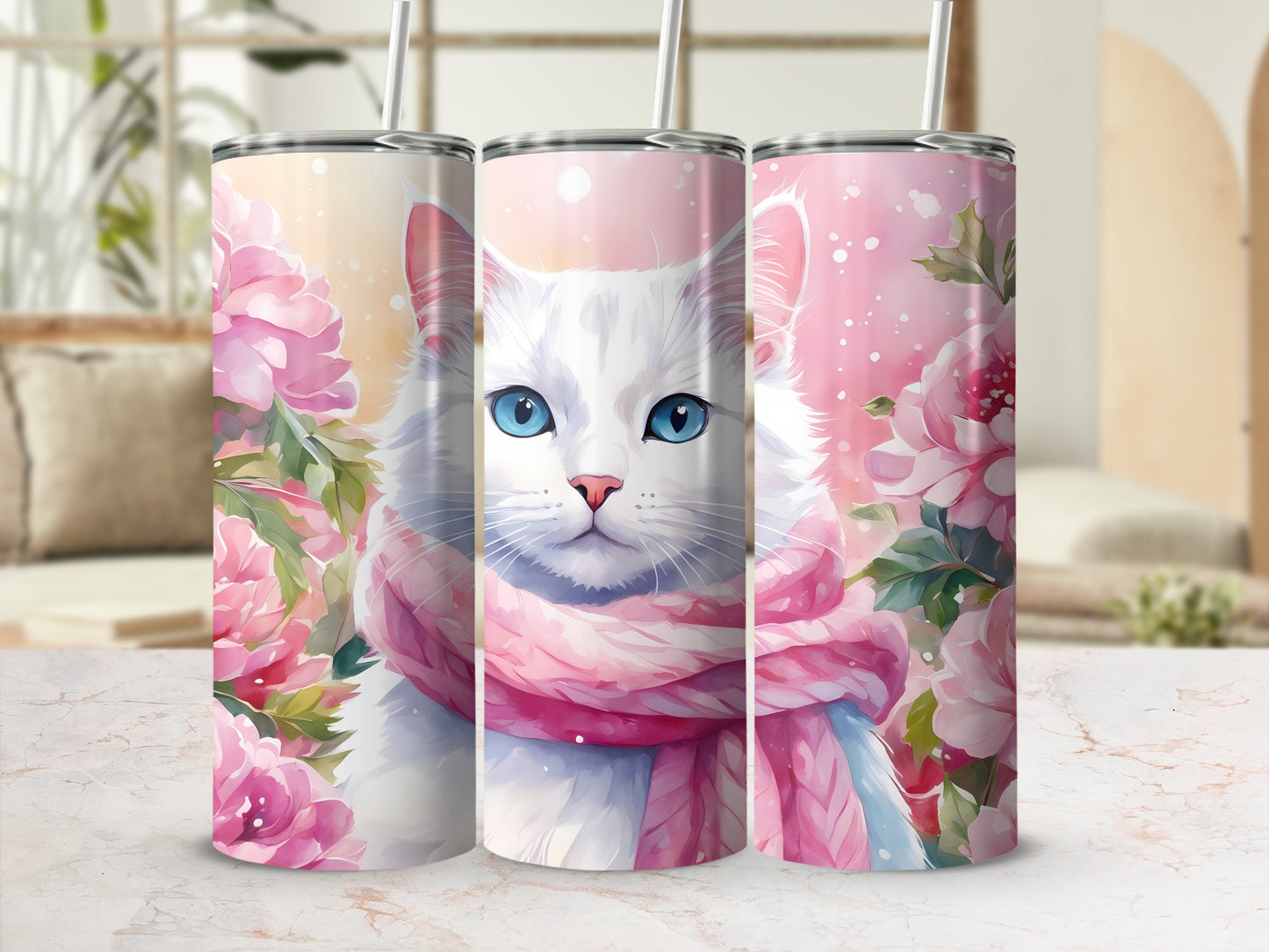 White cat with blue eyes wearing pink scarf, surrounded by peonies.