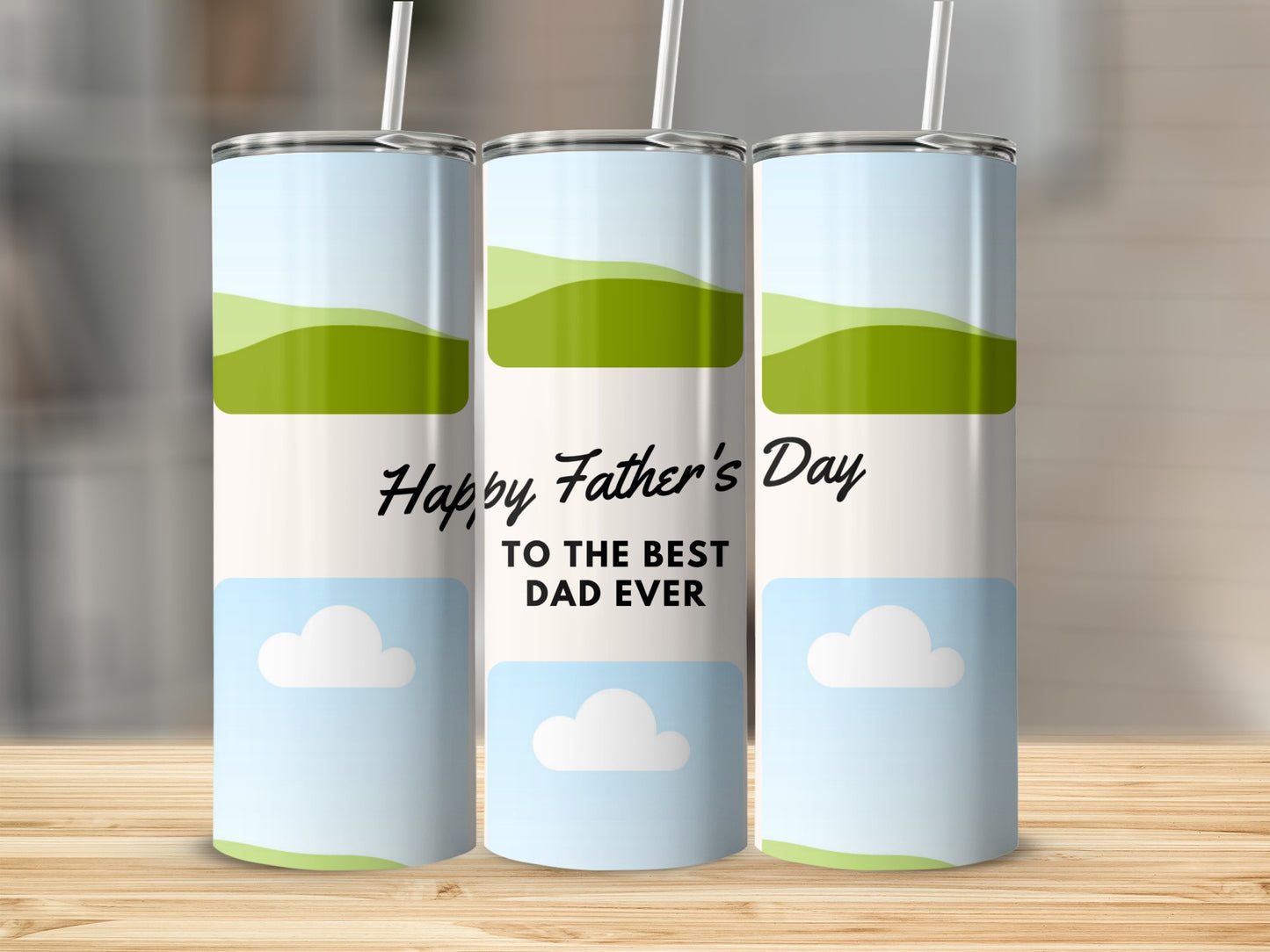 Three tumblers with "Happy Father's Day To The Best Dad Ever" text and sky graphics.