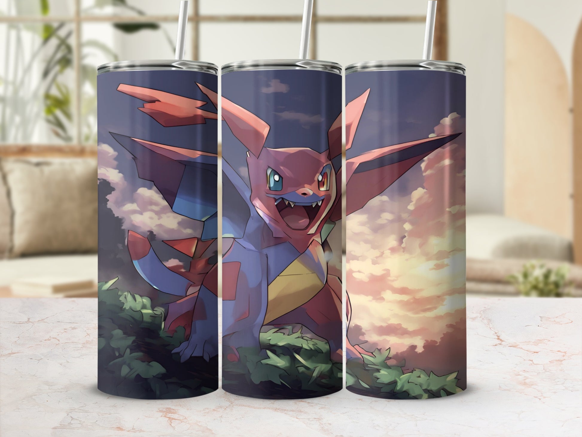 Pokemon character on a cylindrical tumbler with a straw, set against a sunset.