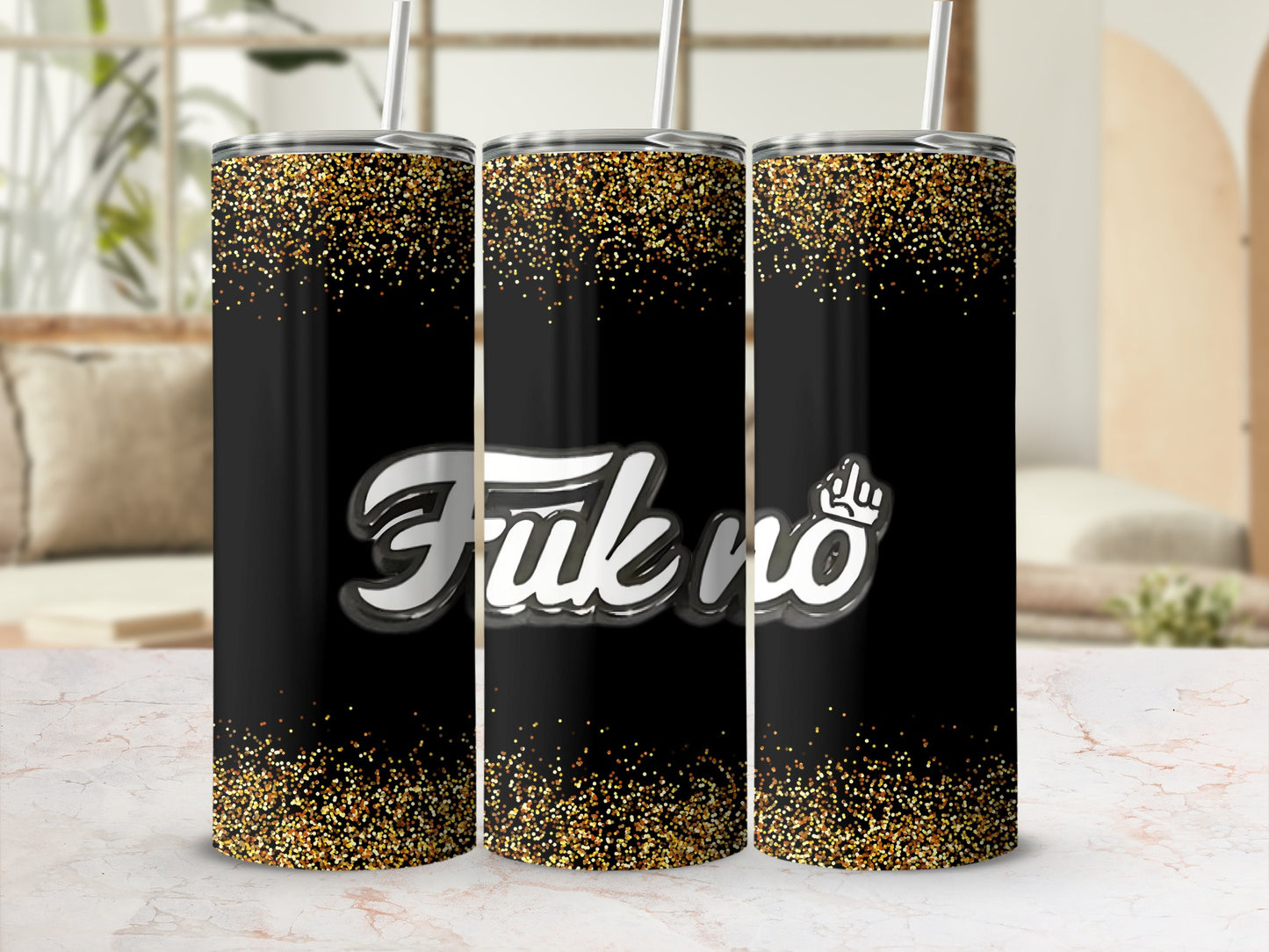 Black and Gold Glitter 'Fuk No' Tumbler with Straw
