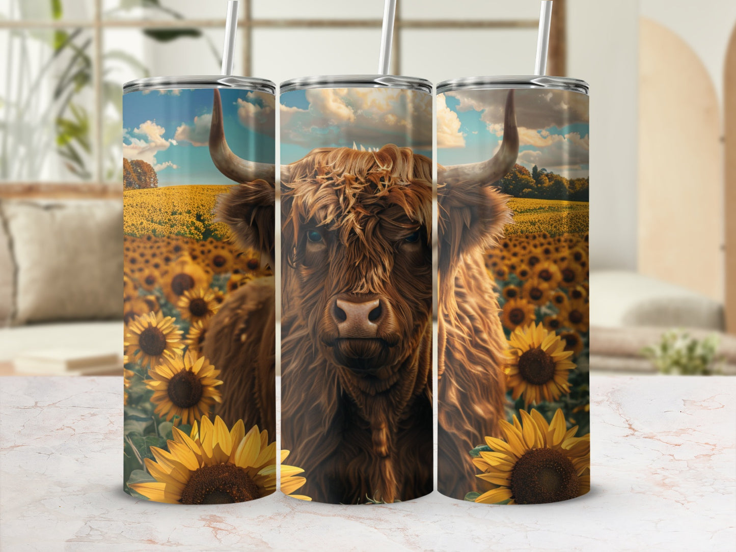 Close-up of a highland cow in a sunflower field.