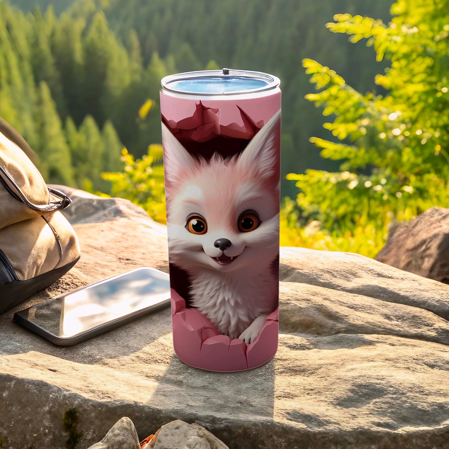 Adorable Fox Themed Travel Tumbler in Scenic Setting