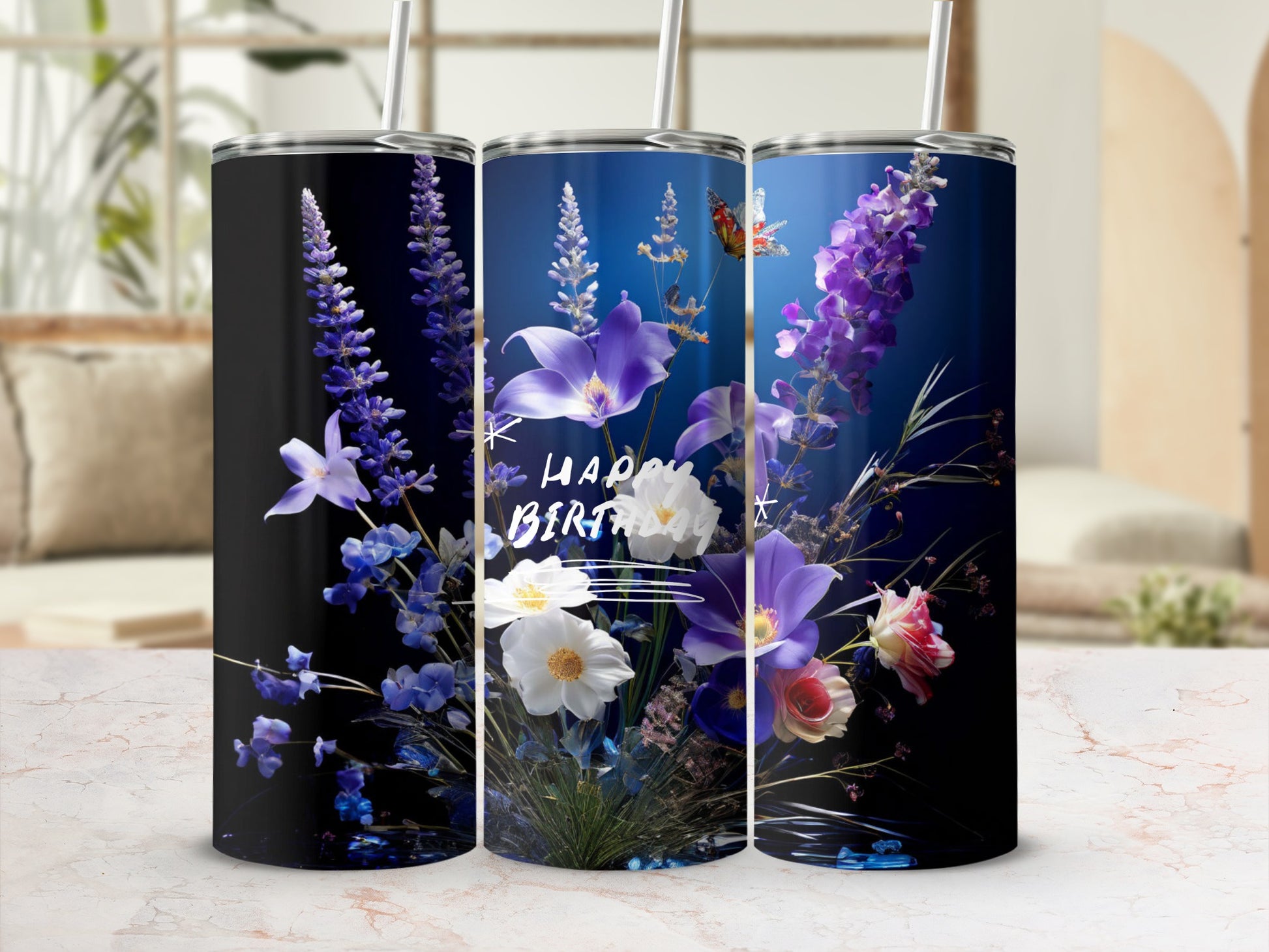 Blue floral tumbler with "Happy Birthday" text and butterfly.