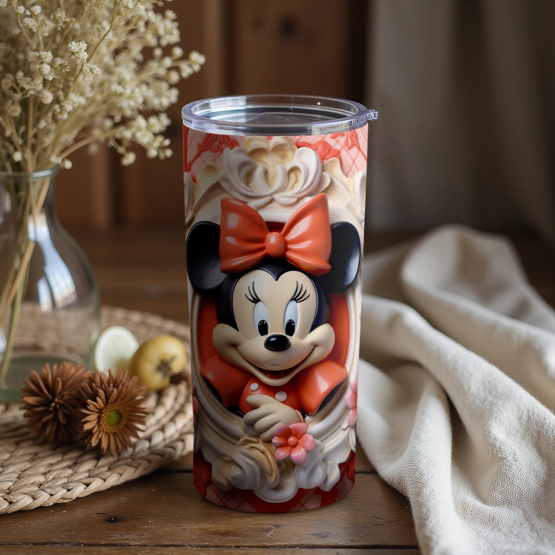 Cute Minnie Mouse Tumbler with Red Bow and Floral Design