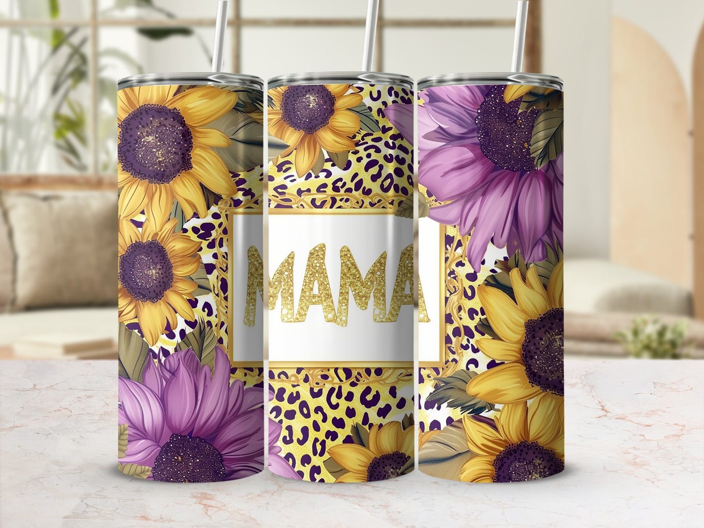 Vibrant Sunflower and Leopard Print Mama Tumbler Cup