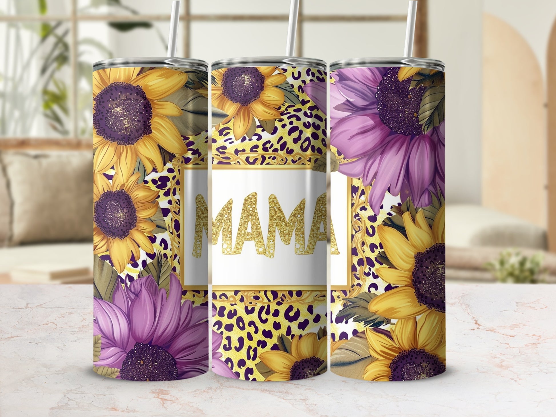 Vibrant Sunflower and Leopard Print Mama Tumbler Cup