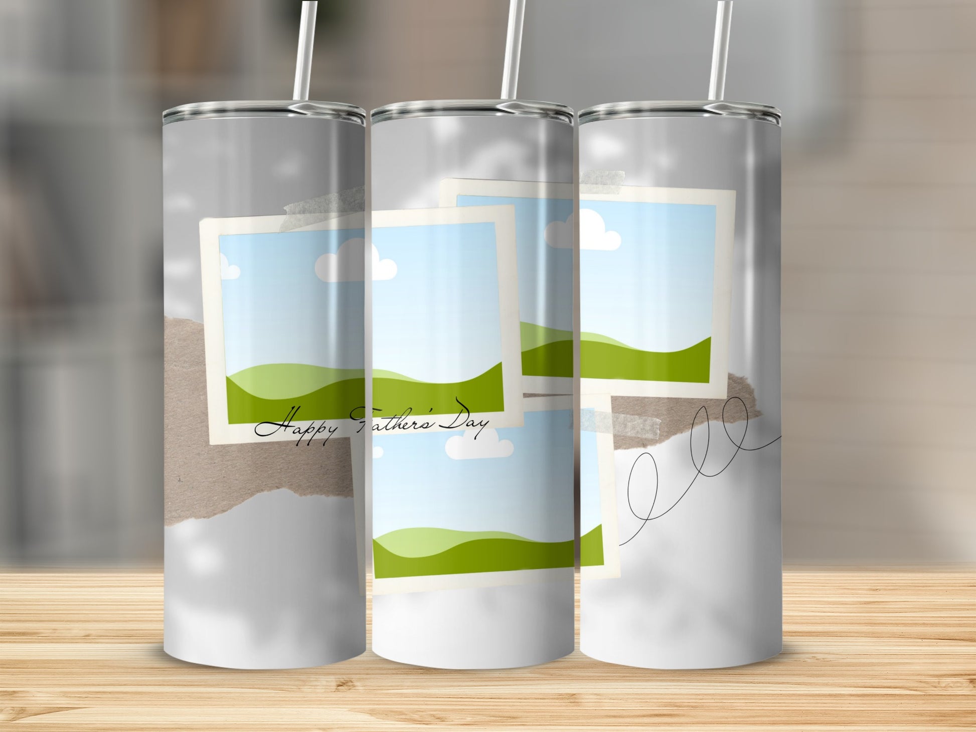 Three tumblers with "Happy Father's Day" text, polaroid frames, and torn paper design.