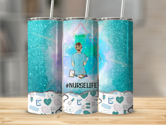 Nurse life tumbler with medical icons and glitter design.