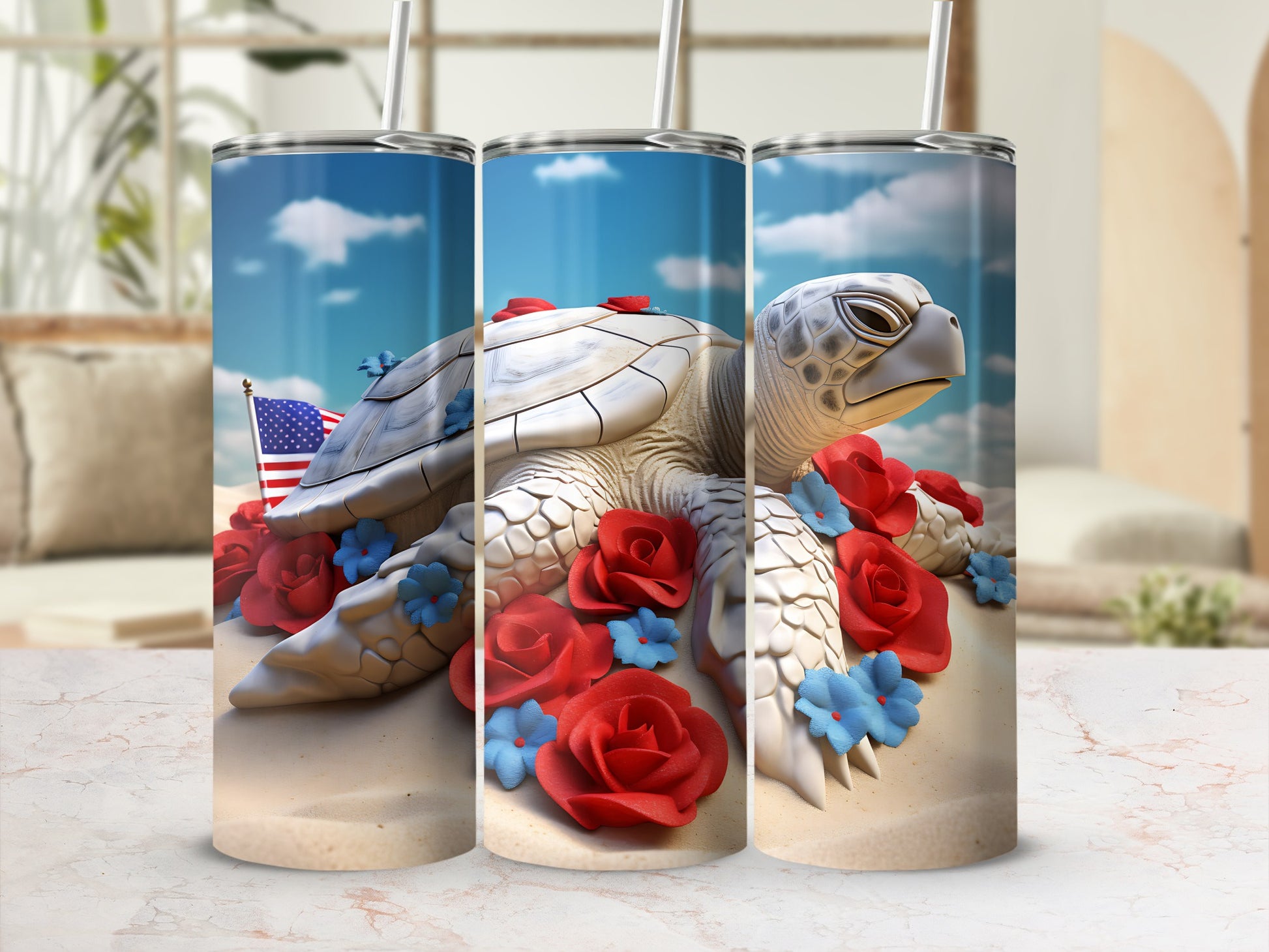 White sea turtle with red roses and blue flowers, US flag on beach.