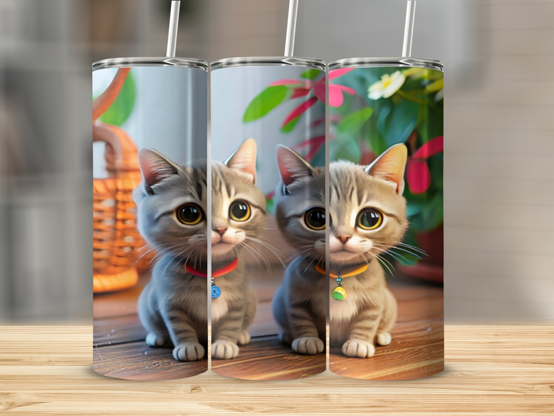 Two cartoon kittens with large eyes, wearing colorful collars, sit on a wooden surface.