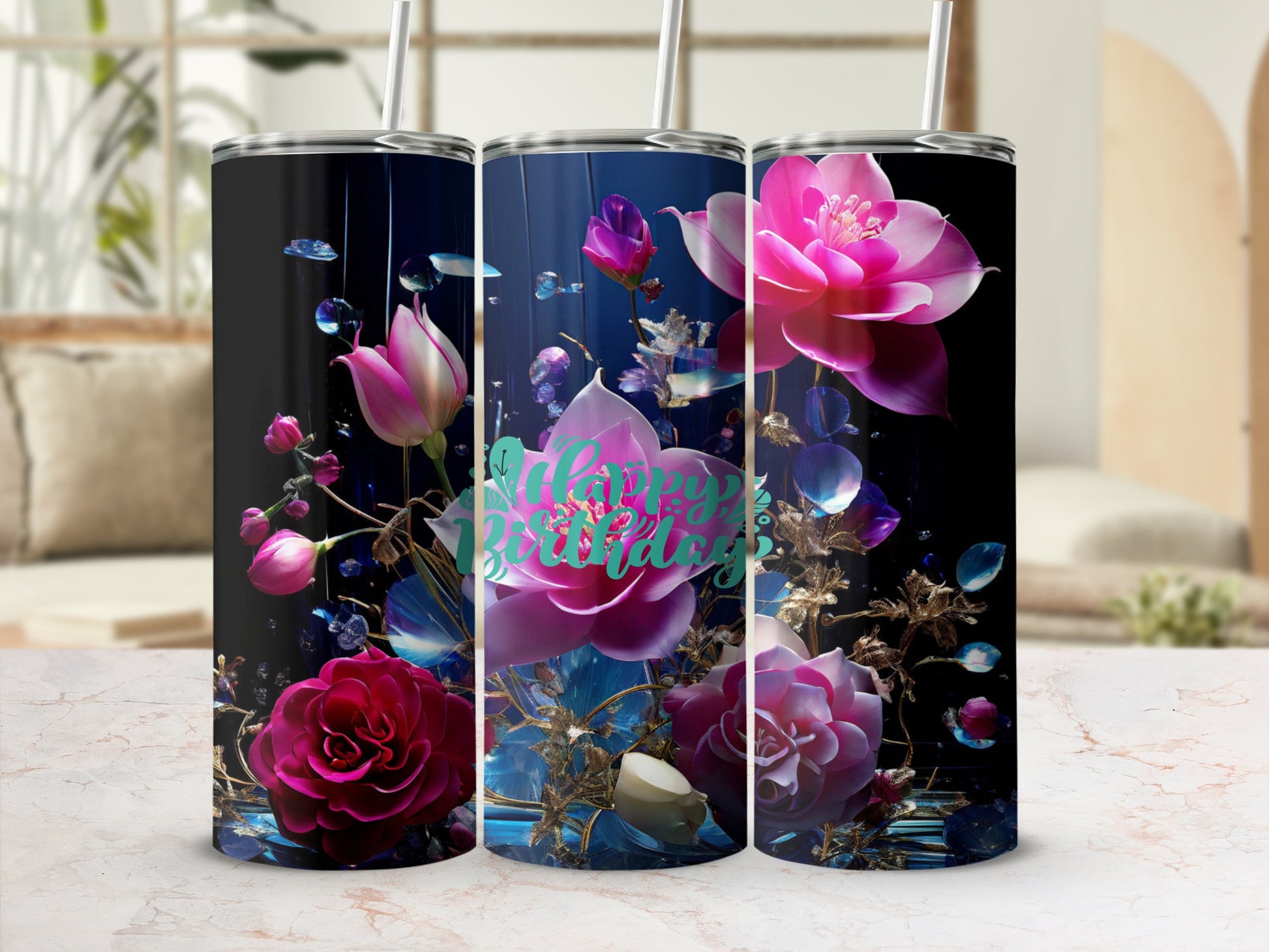 Three tumblers with pink flowers and "Happy Birthday" text.