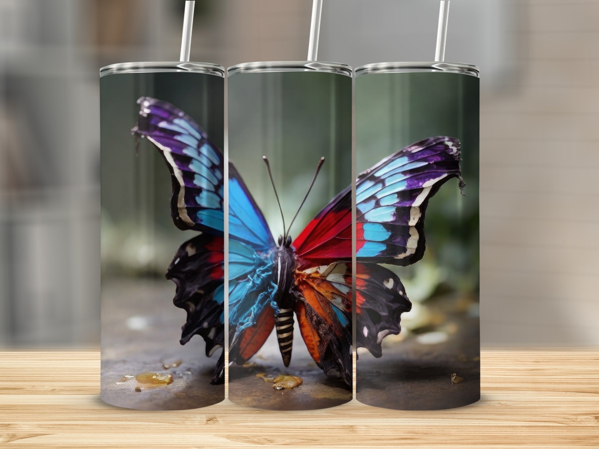 Butterfly design on three tumblers with straws.