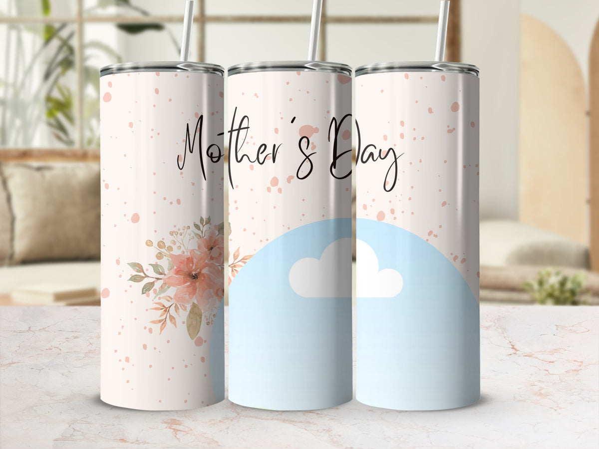 Tumblers with watercolor flowers, clouds, and "Mother's Day" text.