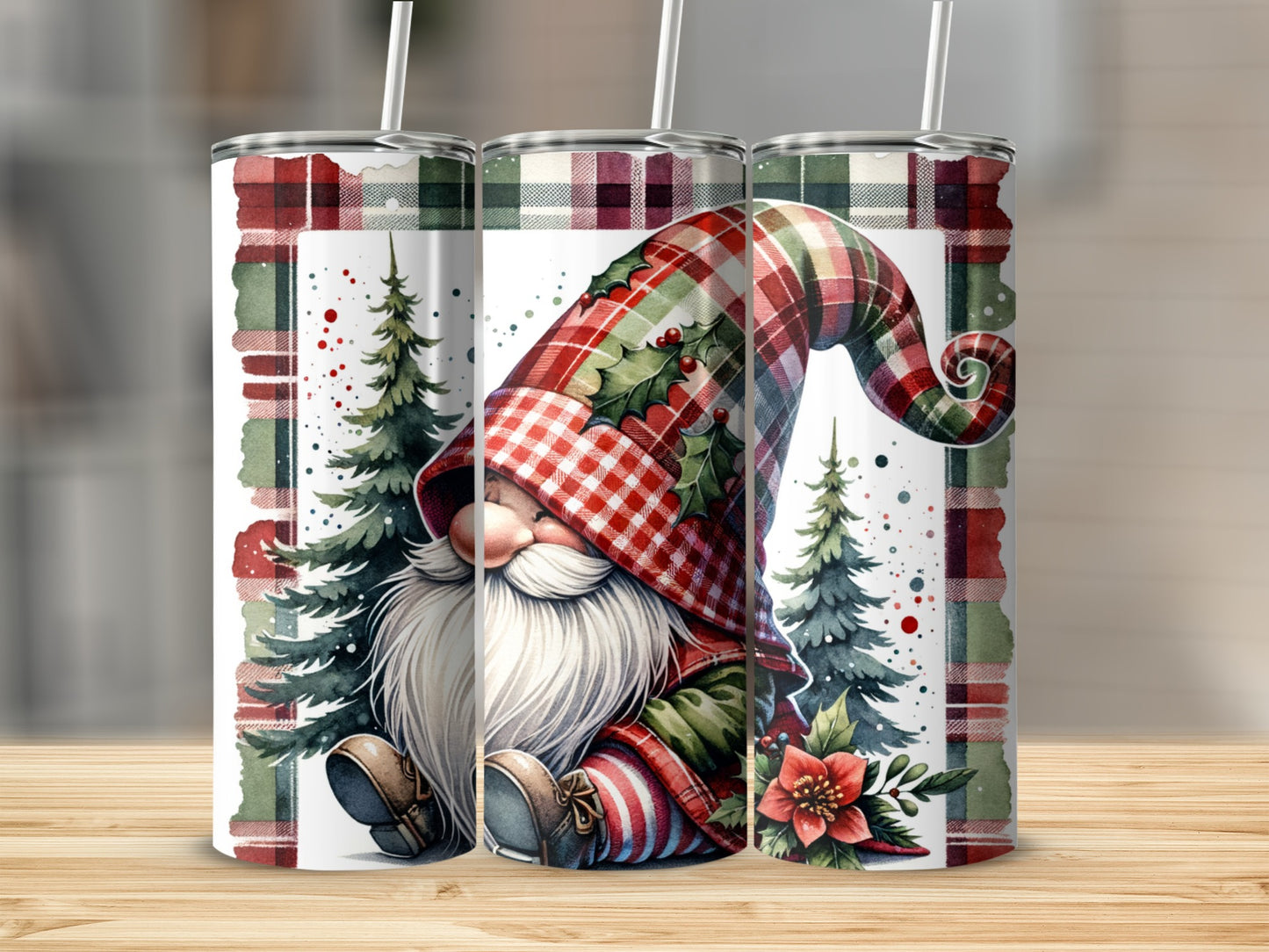Gnome with red plaid hat, green jacket, and beard among pine trees.