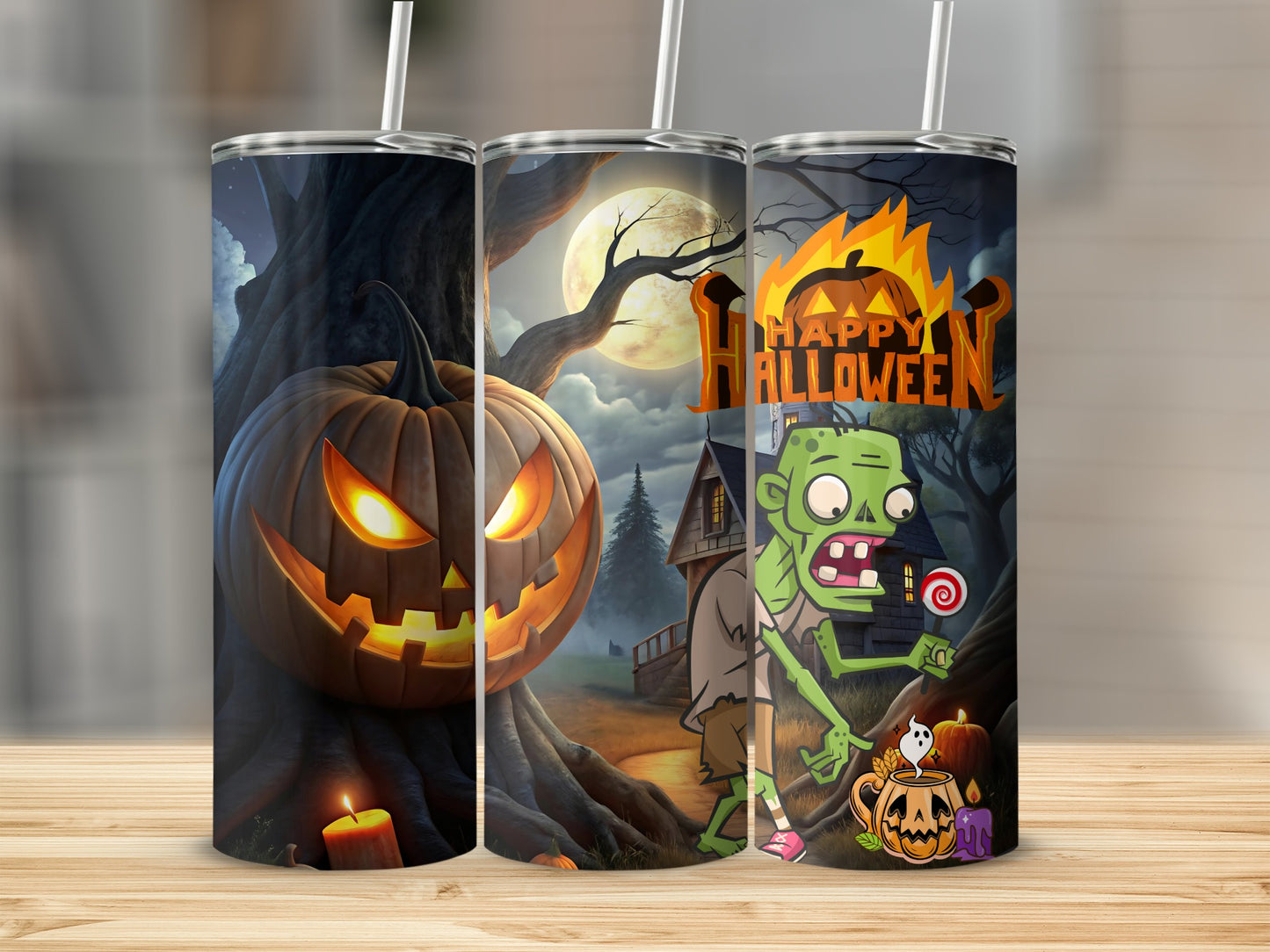 Three Halloween-themed tumblers feature a jack-o'-lantern, a zombie, and "Happy Halloween" text.
