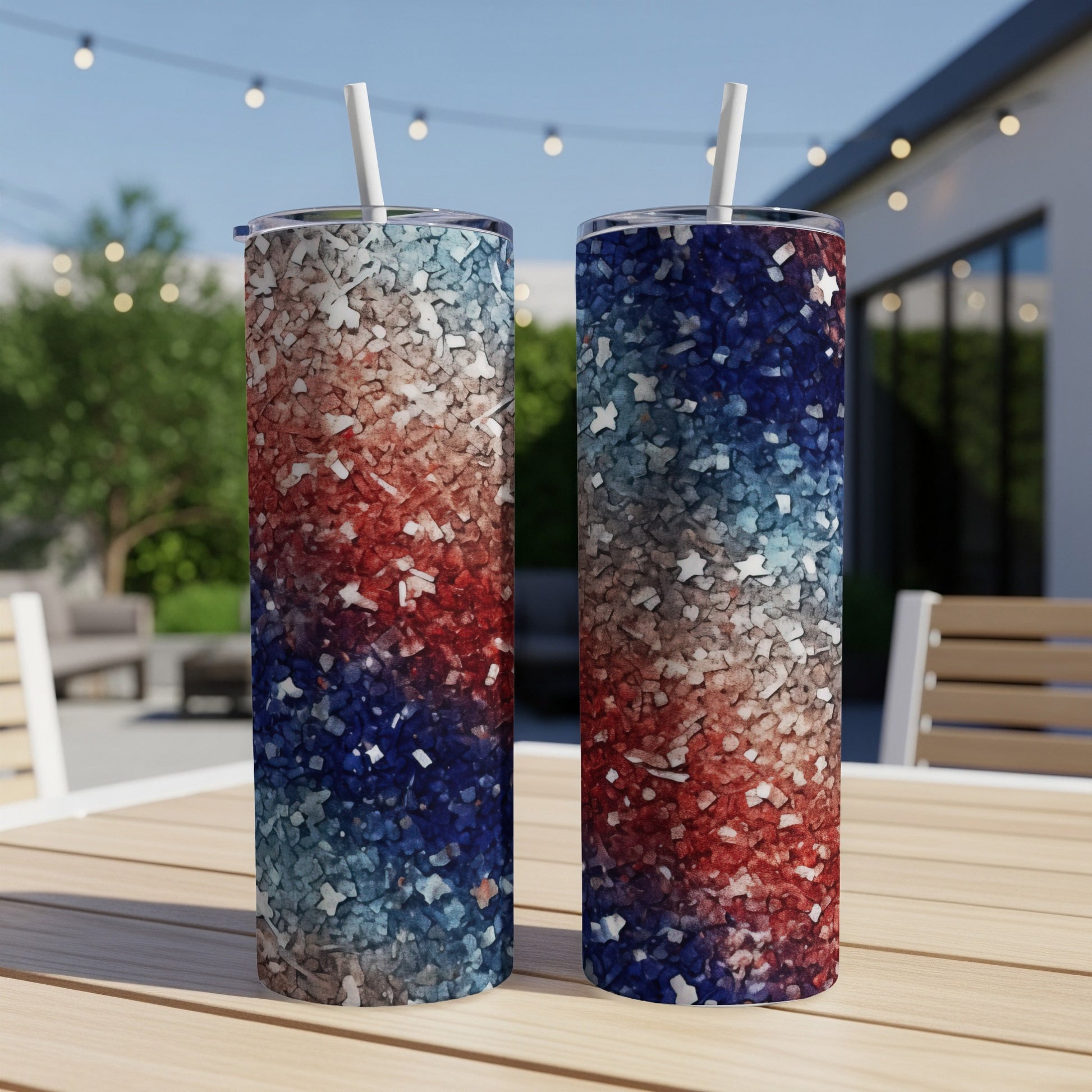 Two tumblers with a red, white, and blue speckled patriotic design.