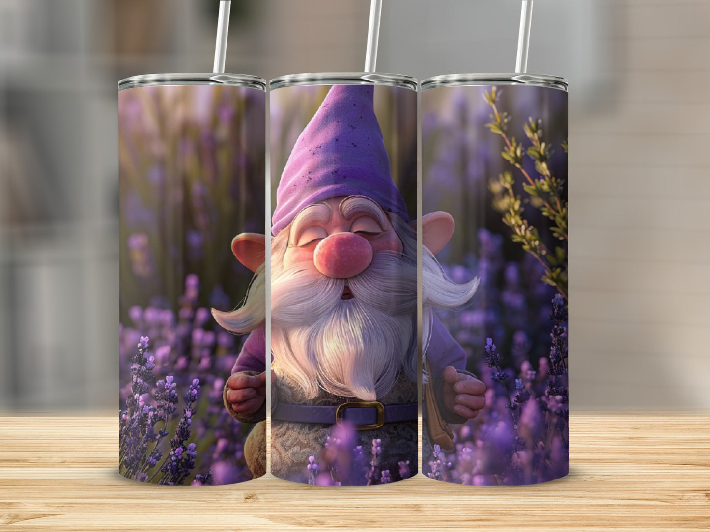 Three tumblers with a gnome in a lavender field.