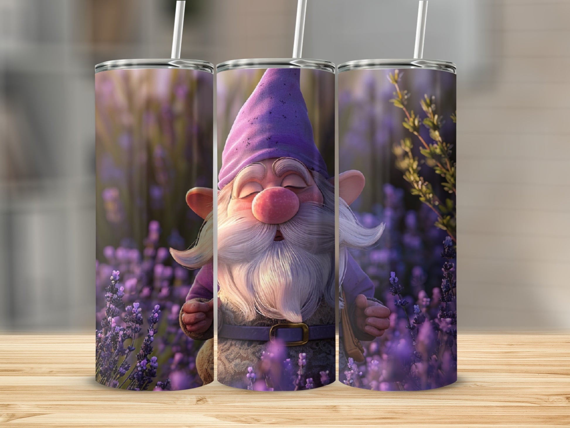 Three tumblers with a gnome in a lavender field.