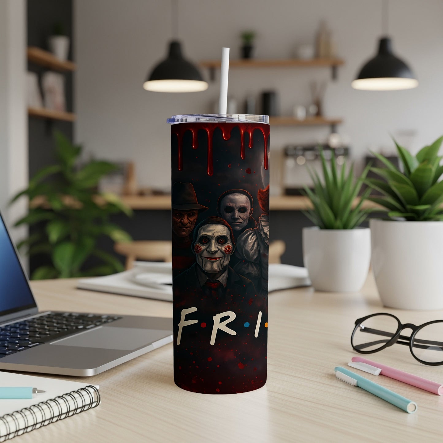 Tumbler with horror villains and "F.R.I.E.N.D.S." logo with blood splatters.