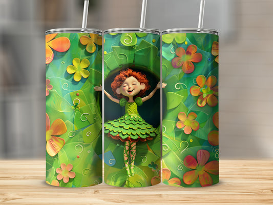Green tumbler with repeating pattern of a dancing fairy among flowers and vines.