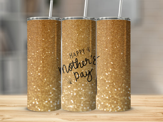 Gold glitter tumbler with "Happy Mother's Day" text.