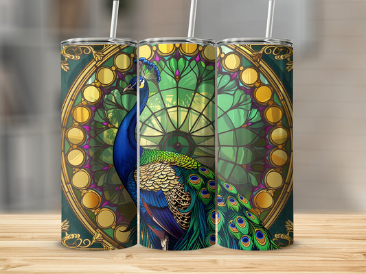 Three tumblers featuring a peacock design with stained glass background.
