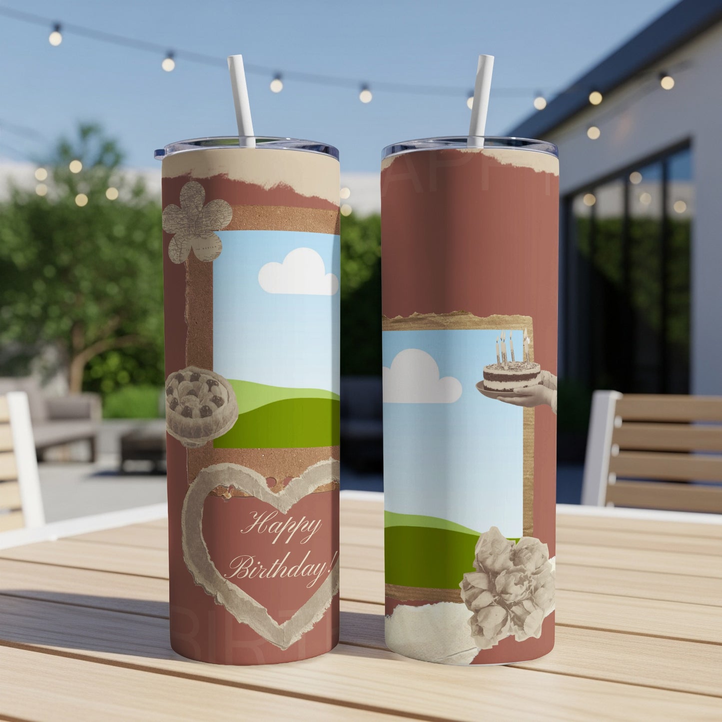 Two tall tumblers with "Happy Birthday!" and birthday cake designs.