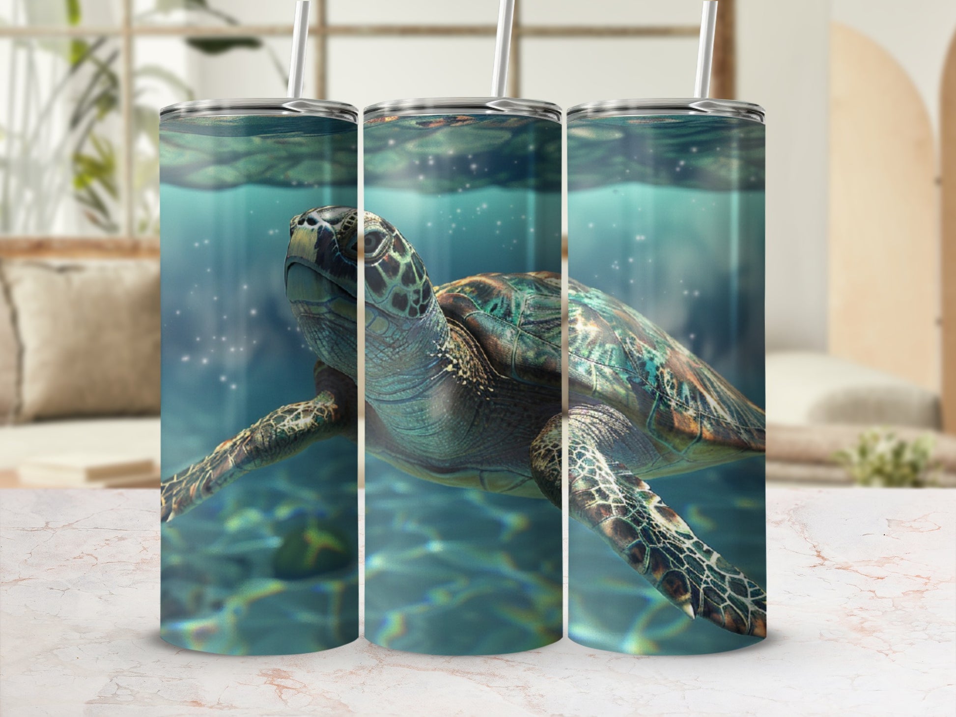 Sea turtle swimming underwater with sunlight filtering through.