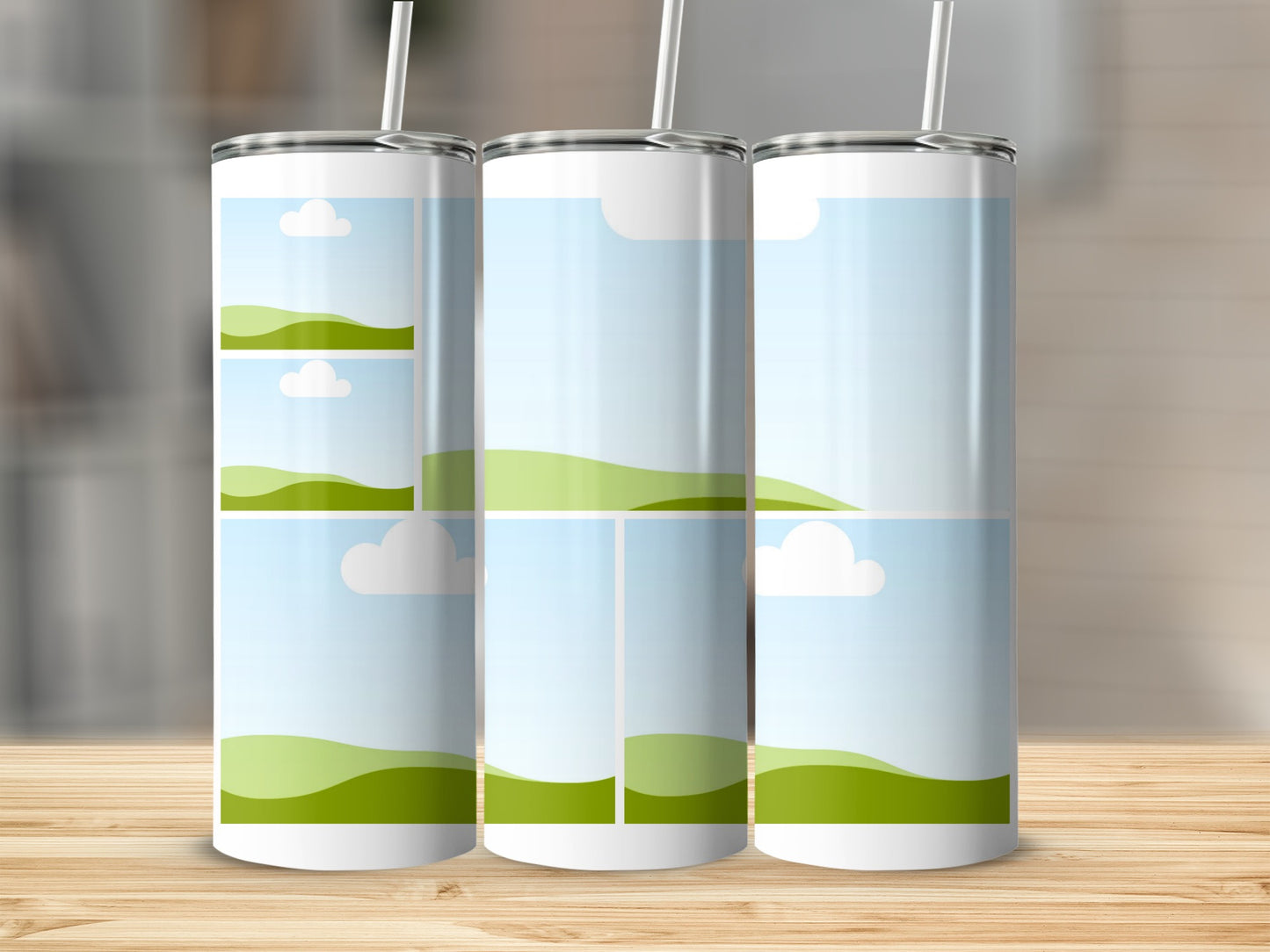 Three tumblers with customizable frames showing cartoon sky and rolling hills.