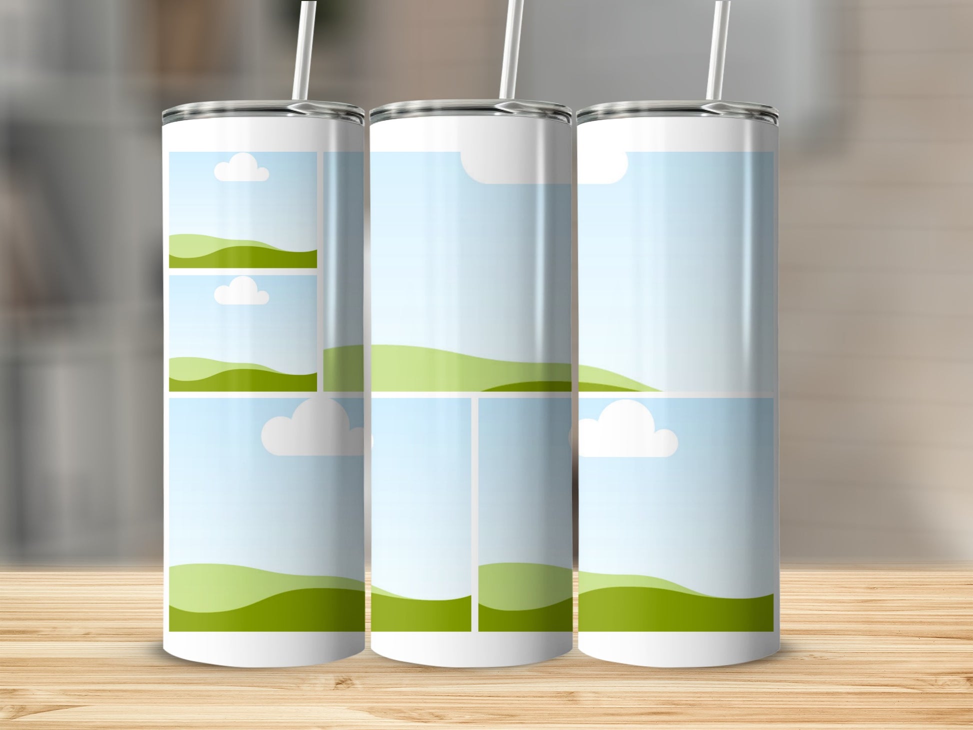 Three tumblers with customizable frames showing cartoon sky and rolling hills.