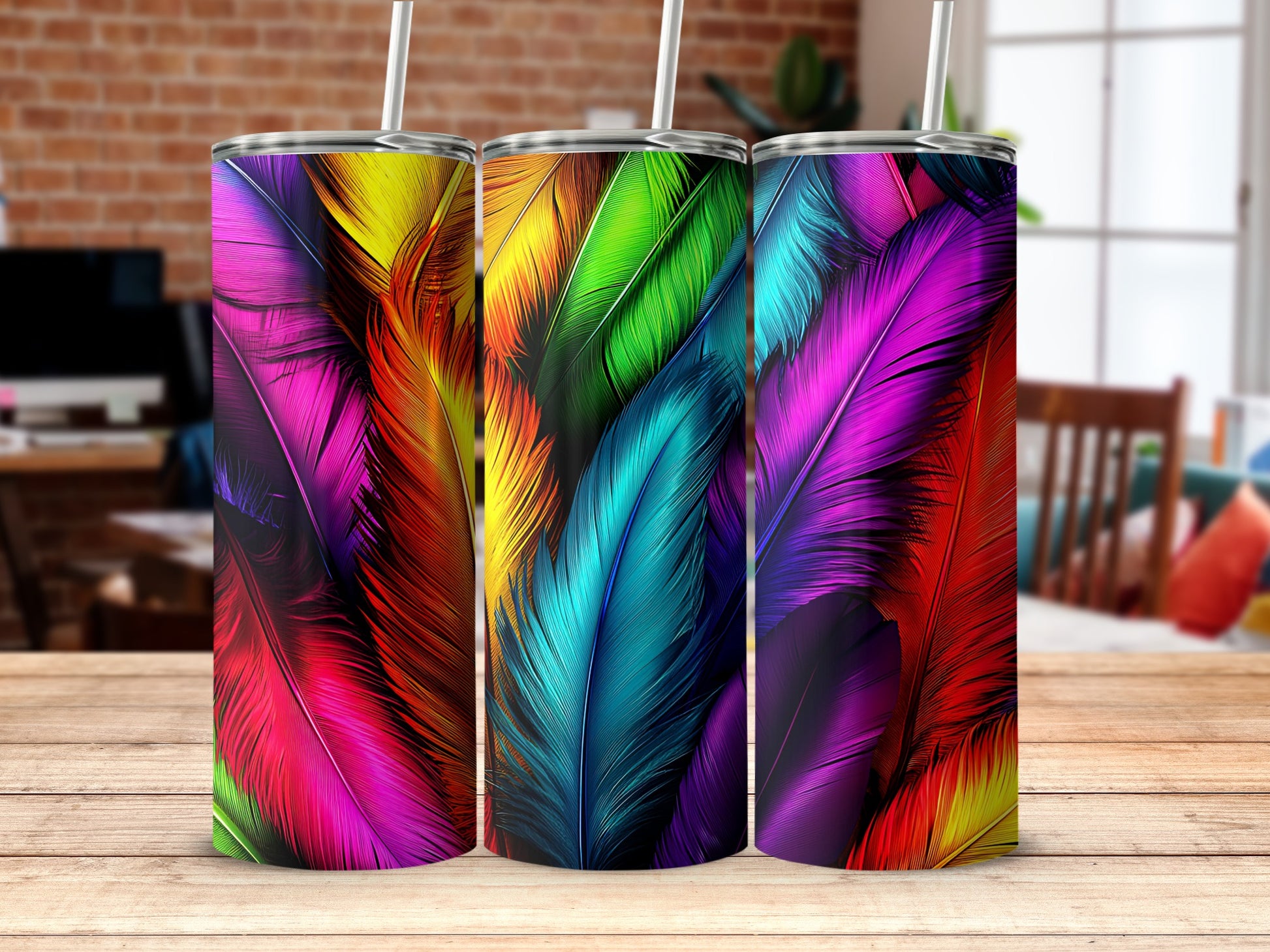 Colorful Feather Pattern Stainless Steel Tumbler