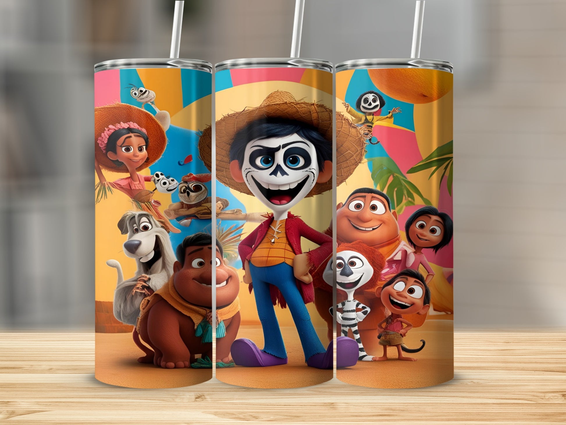 Miguel and characters from Disney Pixar's Coco movie on a tumbler.