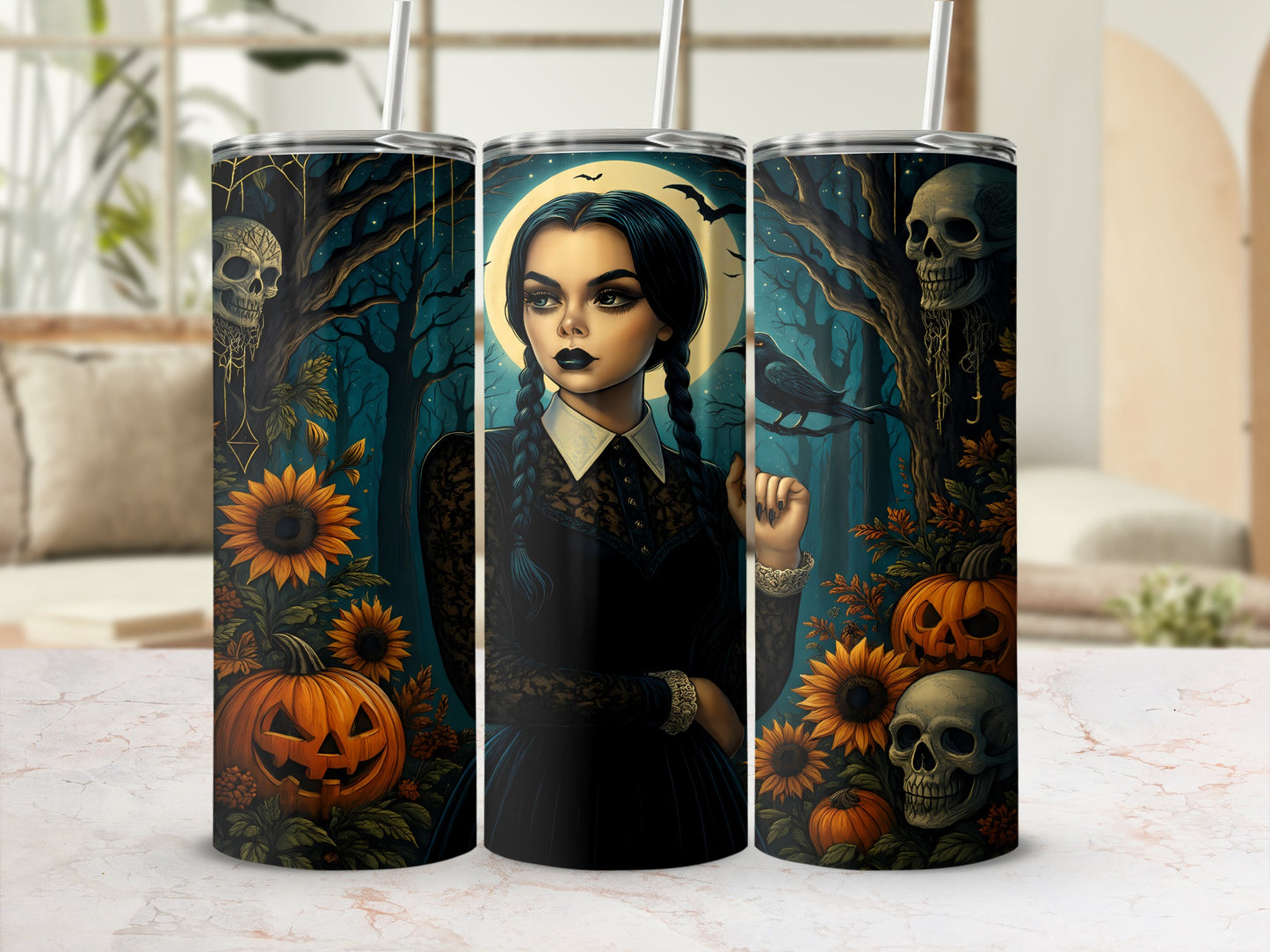 Three tumblers with Halloween designs featuring a Wednesday Addams-like character, skulls, pumpkins, and sunflowers.