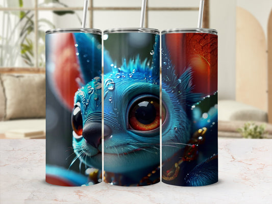 Blue creature with large eyes on three tumblers with straws.